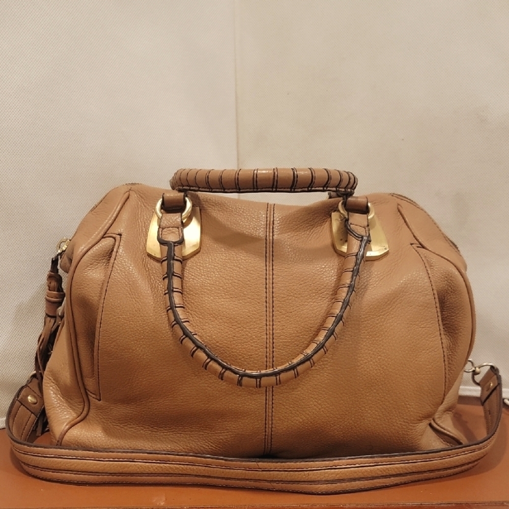 STEVEN by STEVE MADDEN LARGE TAN LEATHER SHOULDER HANDBAG WITH DOUBLE STRAPS